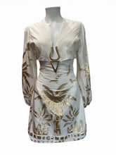 Lace White and Gold Mini Dress Deep V Cut-Out Detail Long Sleeve - Size S