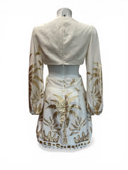 Lace White and Gold Mini Dress Deep V Cut-Out Detail Long Sleeve - Size S