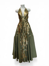 Lace Green and Gold Metallic Halterneck Maxi Dress Geometric Print, New With Tags - Size S