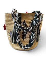 Ibo-Maraca Natural Raffia Basket Bag with Black and White Leather Tassel Handles, Brand New