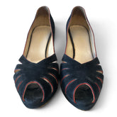Prada Black Suede Peep-Toe Pumps with Red Trim – Size 38