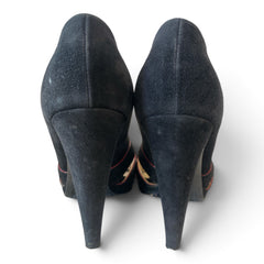 Prada Black Suede Peep-Toe Pumps with Red Trim – Size 38