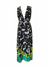 Prada Siren Flame Printed V-Neck Dress – Mermaid & Neon Flame Print Dress – Size IT 44