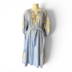 Rose & Rose Embroidered Linen Dress with Belt – Light Blue – Size M