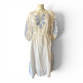 Rose & Rose Embroidered Linen Dress with Belt – White & Blue – Size M