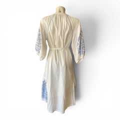 Rose & Rose Embroidered Linen Dress with Belt – White & Blue – Size M