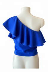 Rose One Shoulder Ruffle Crop Top Blue – Size 36