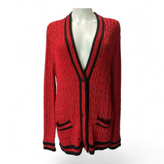 Saint Laurent Sparkly Red College Cardigan with Black Trim – Size XL