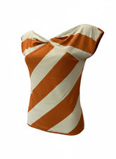 Valentino Garavani Ecru and Orange Striped Twisted Neckline Top
