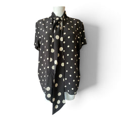 Valentino Polka Dot Tie-Neck Short-Sleeve Blouse – Black & White – Size 48