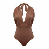 Body cruzado Vassia Kostara de cuello pronunciado color marrón estilo minimalista - Talla mediana