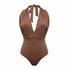 Vassia Kostara Halter Bodysuit Brown Minimalist Deep Neck - Size Medium