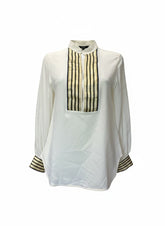 Zeus + Dione White Blouse with Blue & Gold Detail – Size 38