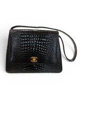 Chanel Timeless Classic Shoulder Bag Black Crocodile Embossed Leather Gold Hardware Vintage Luxury Handbag