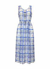 Chanel 23P Silk Maxi Dress Blue White Plaid CC Logo – Size 36