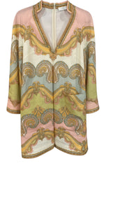 Minivestido Zimmermann de lino con estampado de cachemir en rosa y amarillo - Talla 0