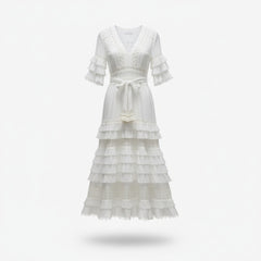 Zimmermann White Lace Tiered Maxi Dress with Belt, Size 2 - Boho Romantic