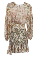 Zimmermann Lyre Linen Wrap Dress Floral Print Waist Cut-Out - Size 3
