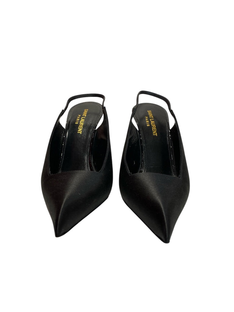 Γόβες Saint Laurent Kiss Slingback Μαύρο Σατέν Μυτερές - Μέγεθος 37.5