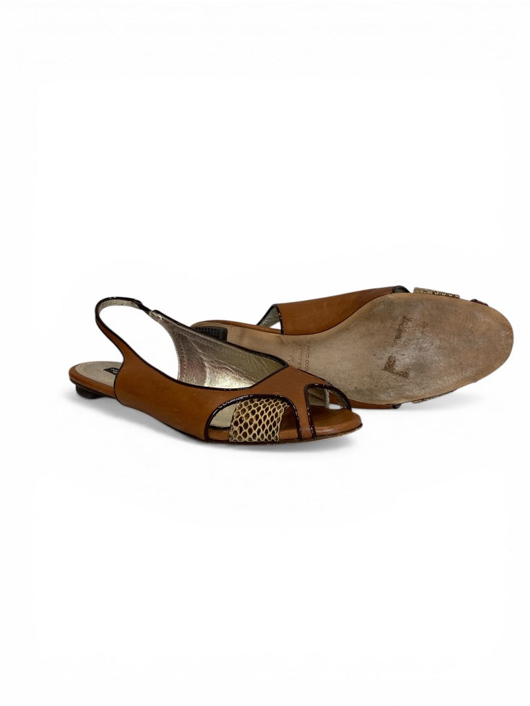 Dolce & Gabbana Brown Leather Snake Print Slingback Flats Luxury Designer - Size 41