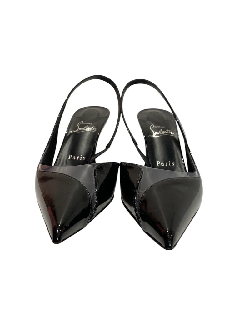 Christian Louboutin Posticha 80 Slingback Pumps Black Patent PVC-  Size 37.5
