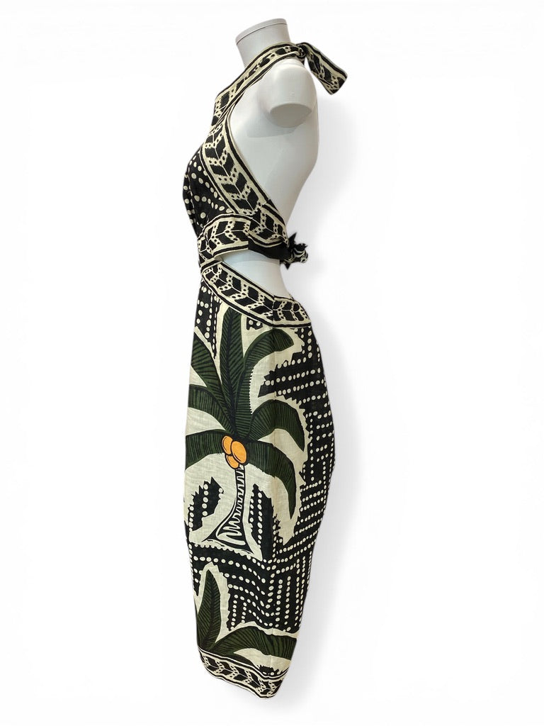 Johanna Ortiz Heart Of The Jungle Linen Midi Dress Green Black Tropical - Size 6