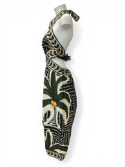 Johanna Ortiz Heart Of The Jungle Linen Midi Dress Green Black Tropical - Size 6