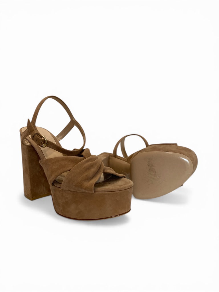 Gianvito Rossi Beige Suede Platform Block Heel Sandals Ankle Strap Luxury - Size 39