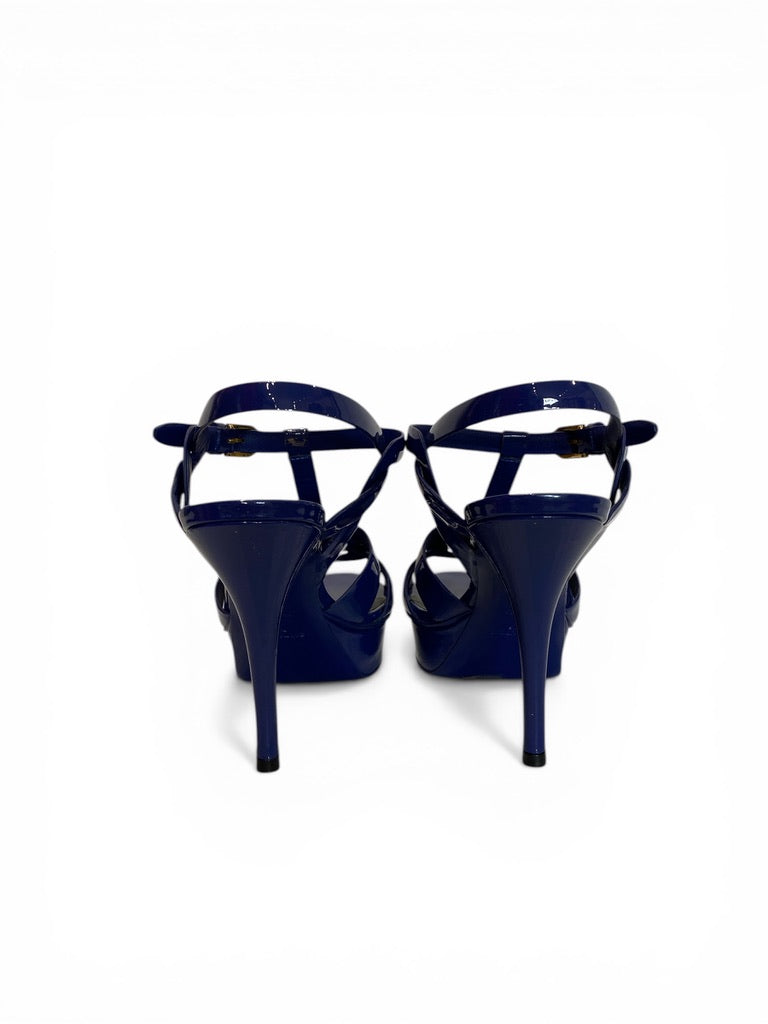 Yves Saint Laurent Tribute Patent Leather Sandals Blue Platform Heels - Size 38.5