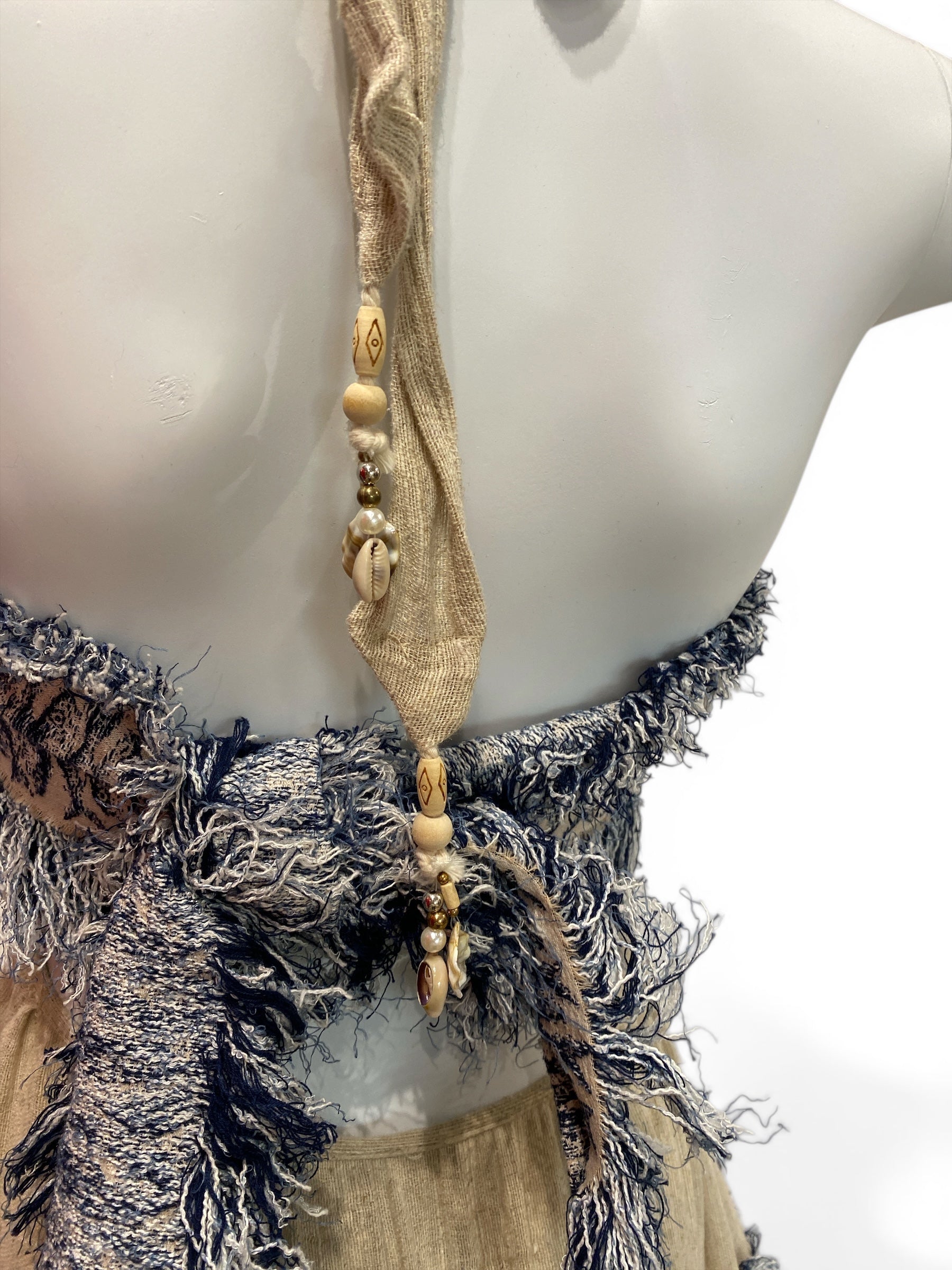 Lace Beige and Blue Tiered Maxi Dress Textured Fringed Halterneck - Size S
