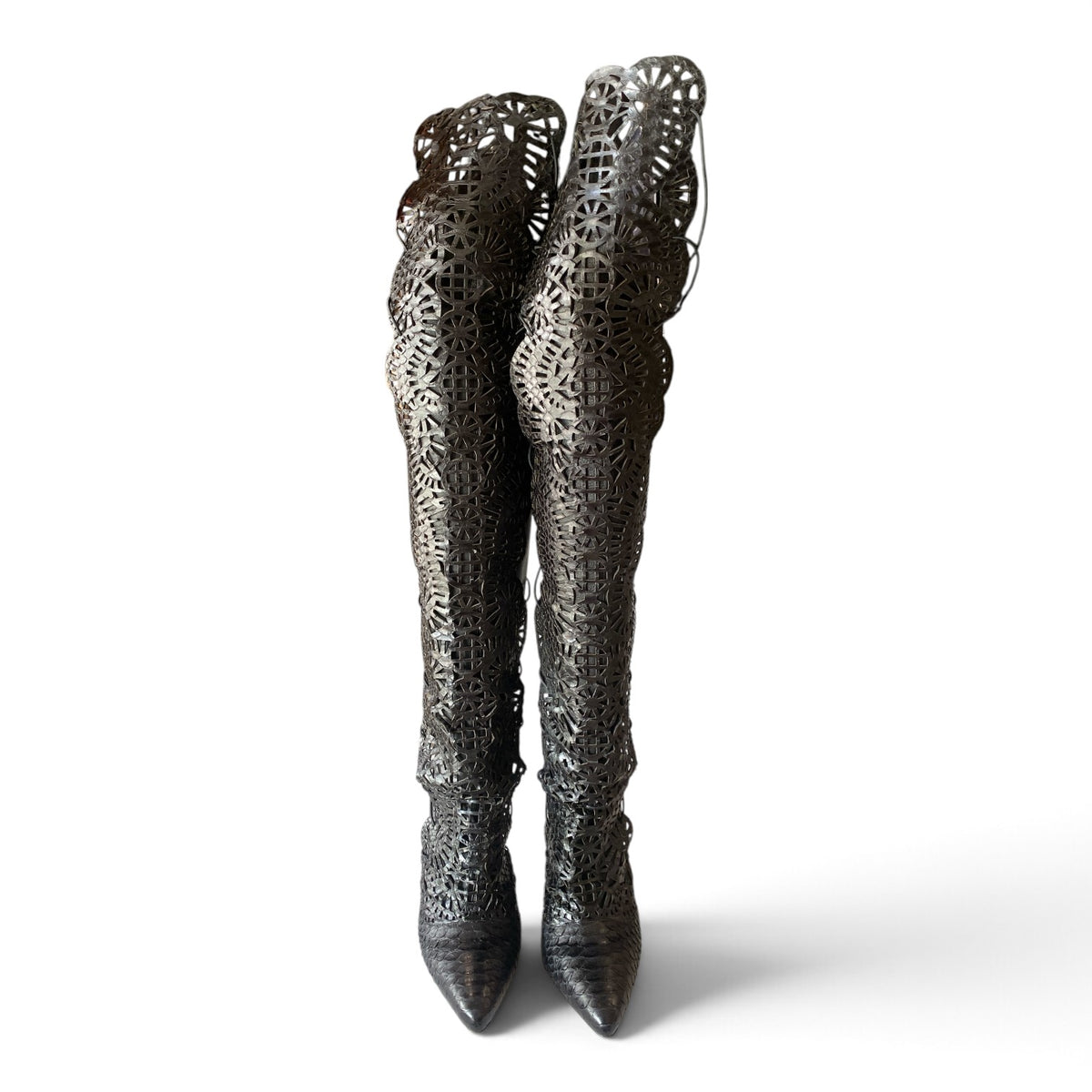 Alexandre Birman Black Laser-Cut Leather Over-the-Knee Stiletto Boots – Size 41