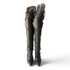 Alexandre Birman Black Laser-Cut Leather Over-the-Knee Stiletto Boots – Size 41