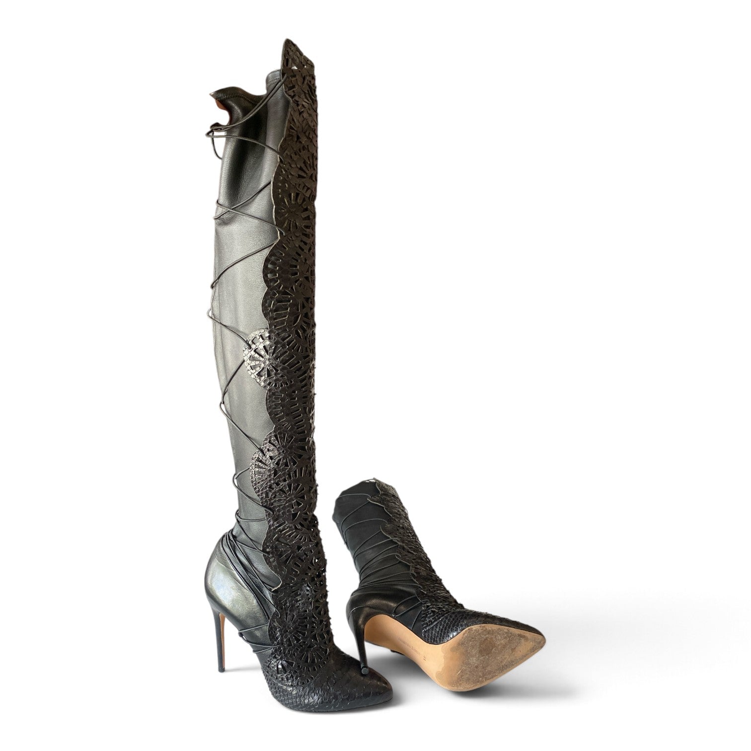 Alexandre Birman Black Laser-Cut Leather Over-the-Knee Stiletto Boots – Size 41