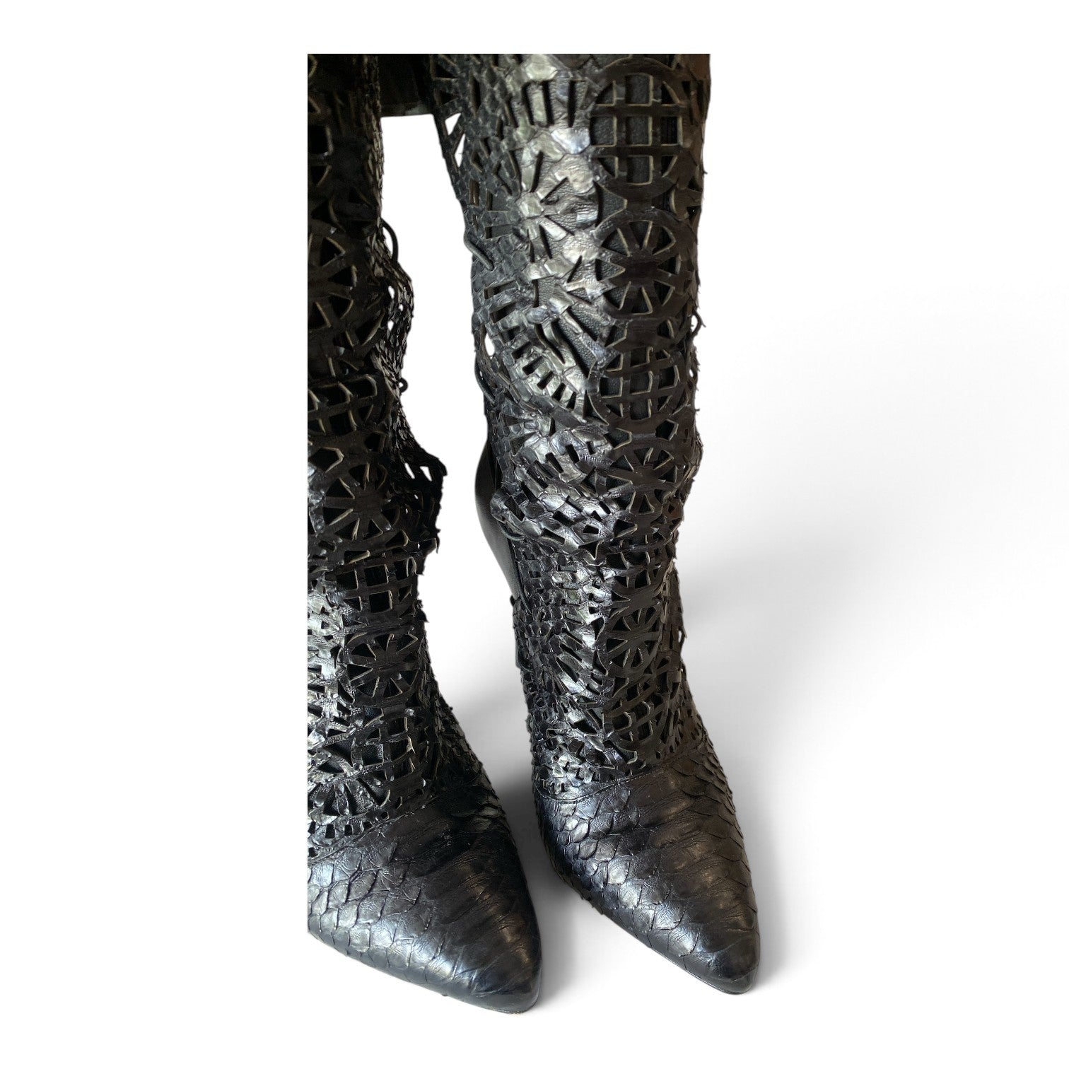 Alexandre Birman Black Laser-Cut Leather Over-the-Knee Stiletto Boots – Size 41
