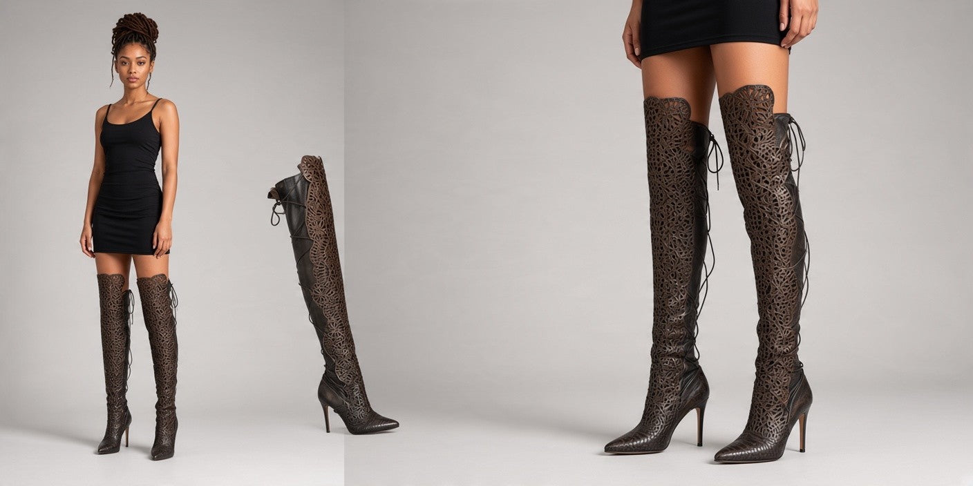 Alexandre Birman Black Laser-Cut Leather Over-the-Knee Stiletto Boots – Size 41