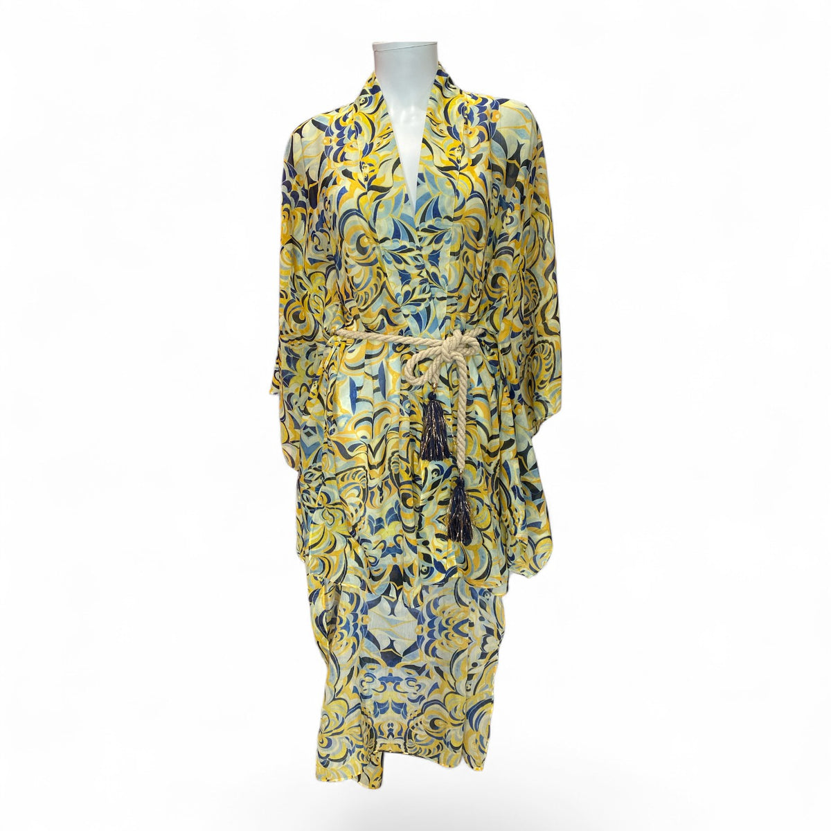 Amaris Yellow & Blue Open Kaftan with Belt