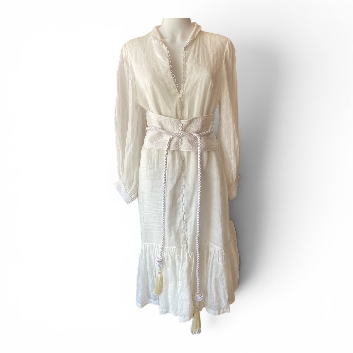 Andrés Otálora Pura Linen Midi Dress with Belt – White – Size 6