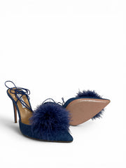 Aquazzura Boudoir Sling 105 Denim Pumps with Feather Pom Pom – Size 40.5 (Full Set)