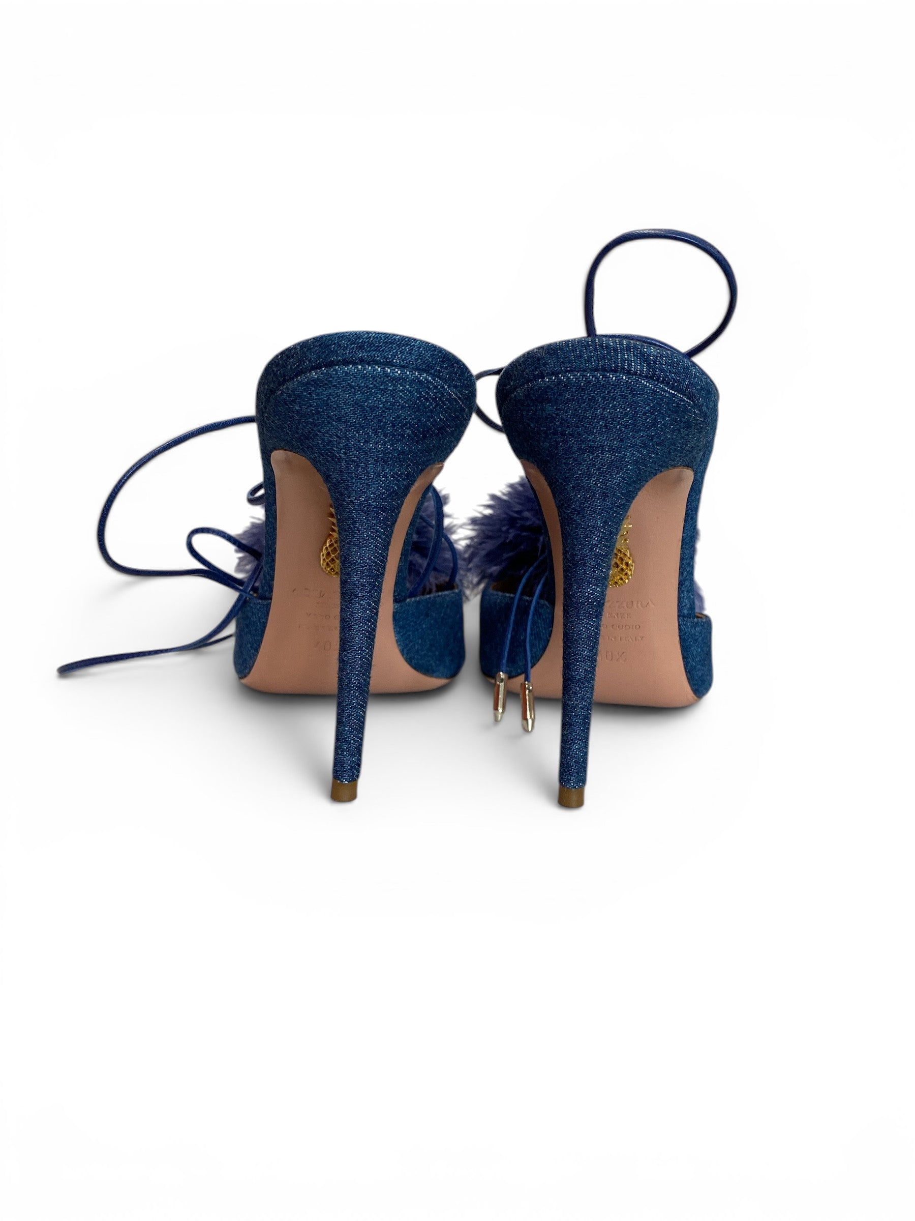 Aquazzura Boudoir Sling 105 Denim Pumps with Feather Pom Pom – Size 40.5 (Full Set)