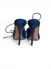 Aquazzura Boudoir Sling 105 Denim Pumps with Feather Pom Pom – Size 40.5 (Full Set)