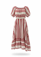 August Beige & Red Striped Linen Dress – Romantic Mediterranean Summer Dress – Size S/M