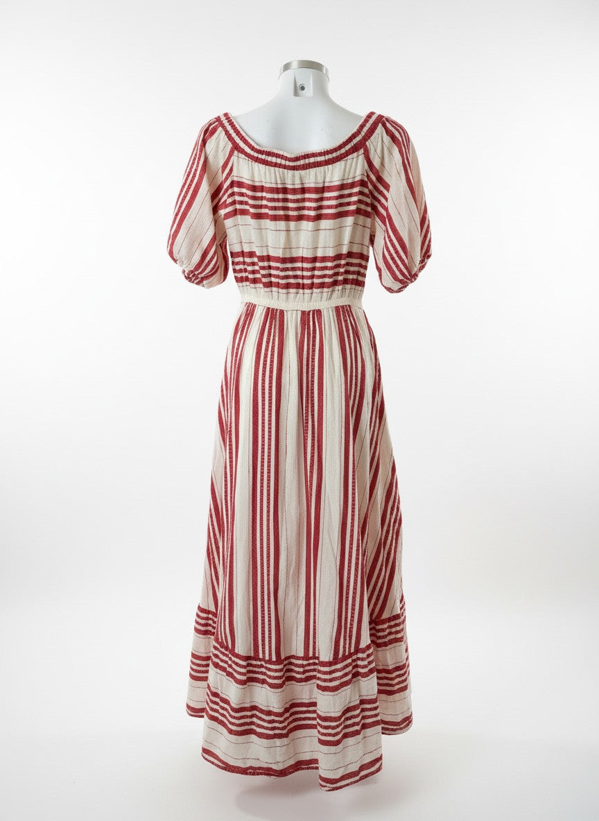 August Beige & Red Striped Linen Dress – Romantic Mediterranean Summer Dress – Size S/M