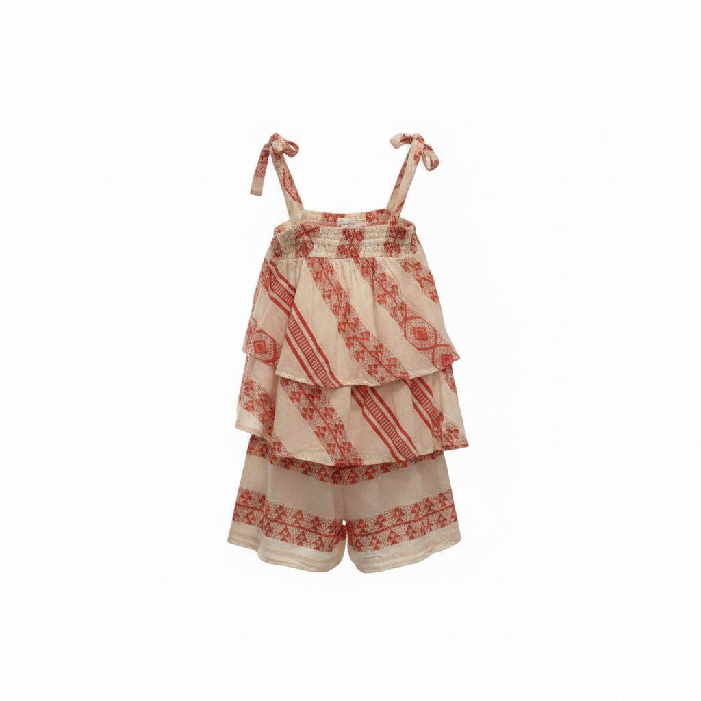 August Red and White Embroidered Top and Shorts Summer Set