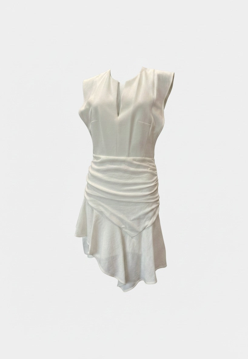 Ba&sh Jess White Sleeveless Mini Dress – Asymmetric Ruched Designer Dress – Size 2