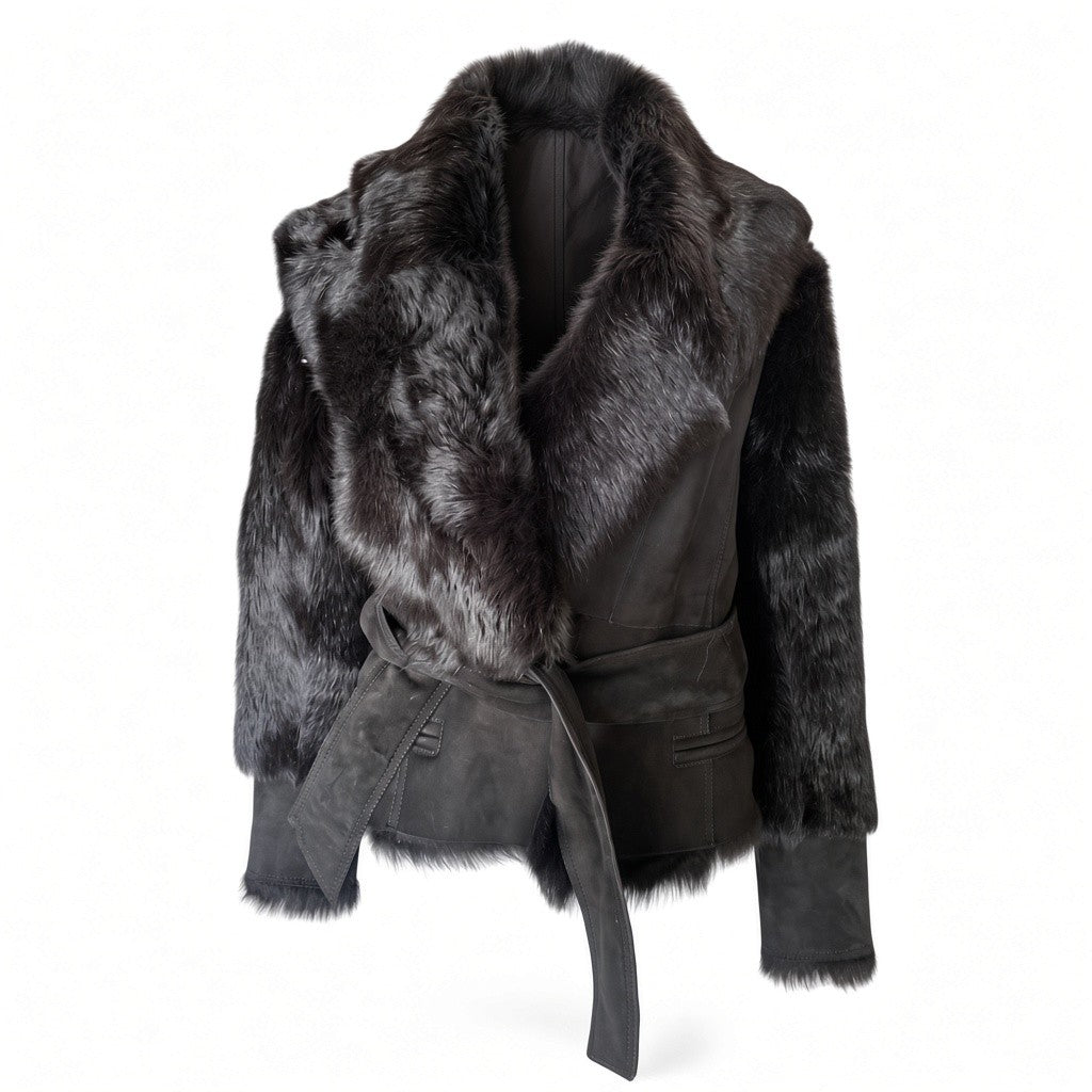Balmain Lambskin Shearling Belted Jacket – Black – Size 38