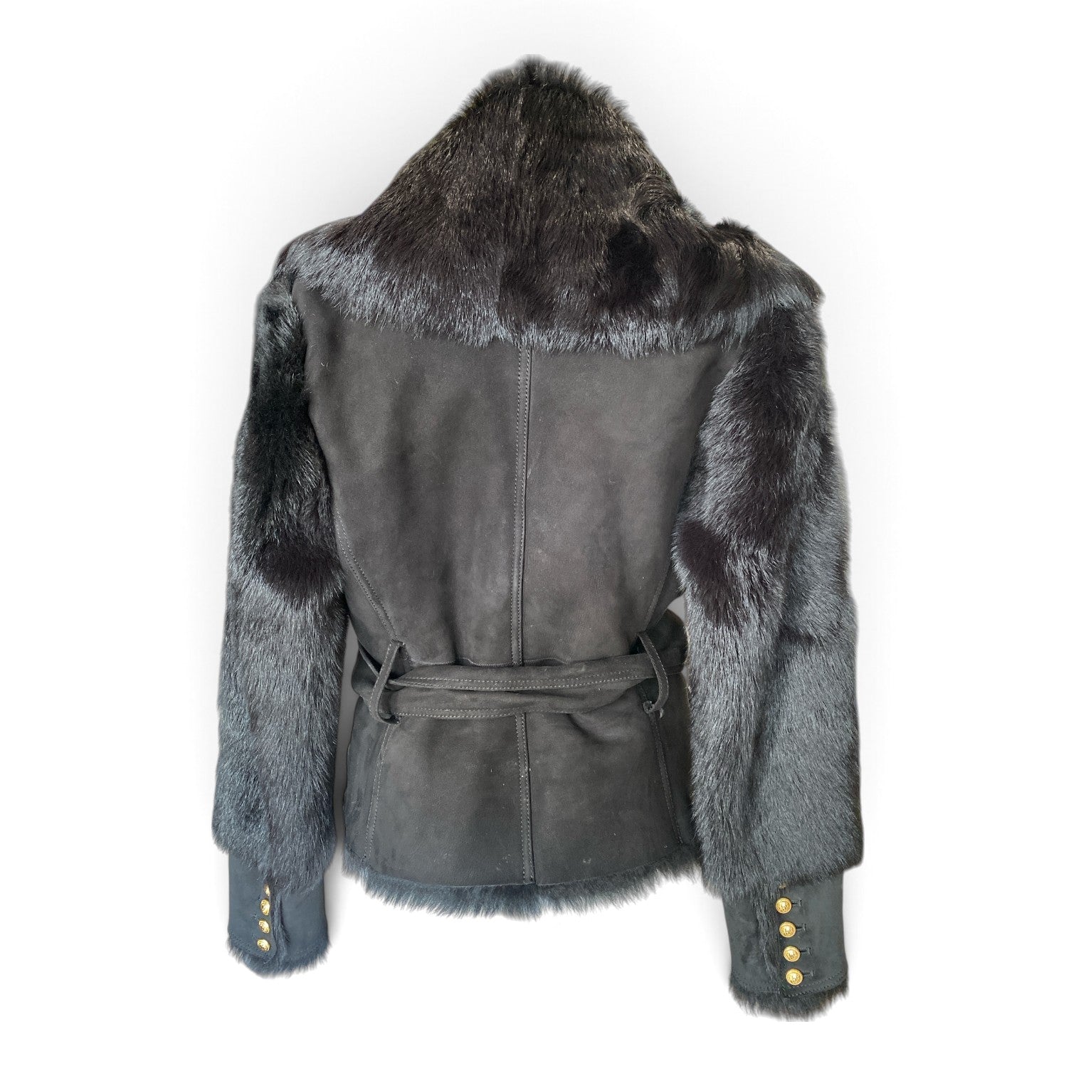 Balmain Lambskin Shearling Belted Jacket – Black – Size 38