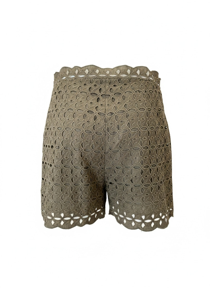 Blumarine Olive Green Eyelet Lace Shorts – Italian Designer Summer Shorts – Size IT 44