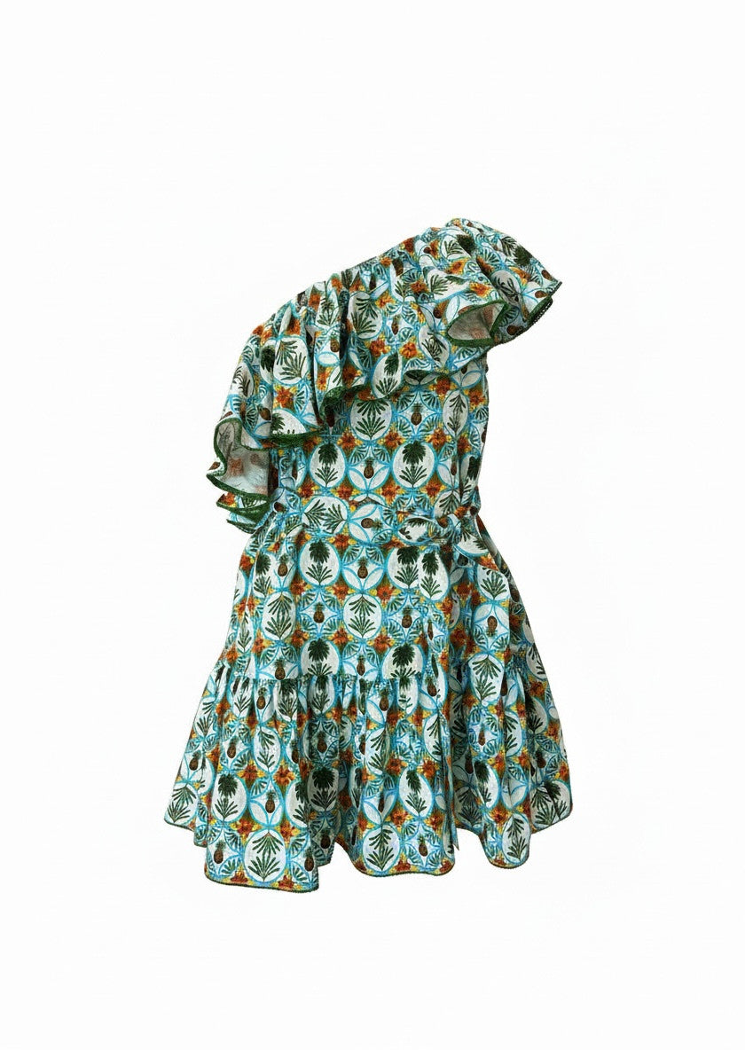 Borgo de Nor Pietra Pineapple Print Linen Mini Dress – Ruffled One-Shoulder Dress – Size 10