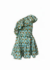 Borgo de Nor Pietra Pineapple Print Linen Mini Dress – Ruffled One-Shoulder Dress – Size 10