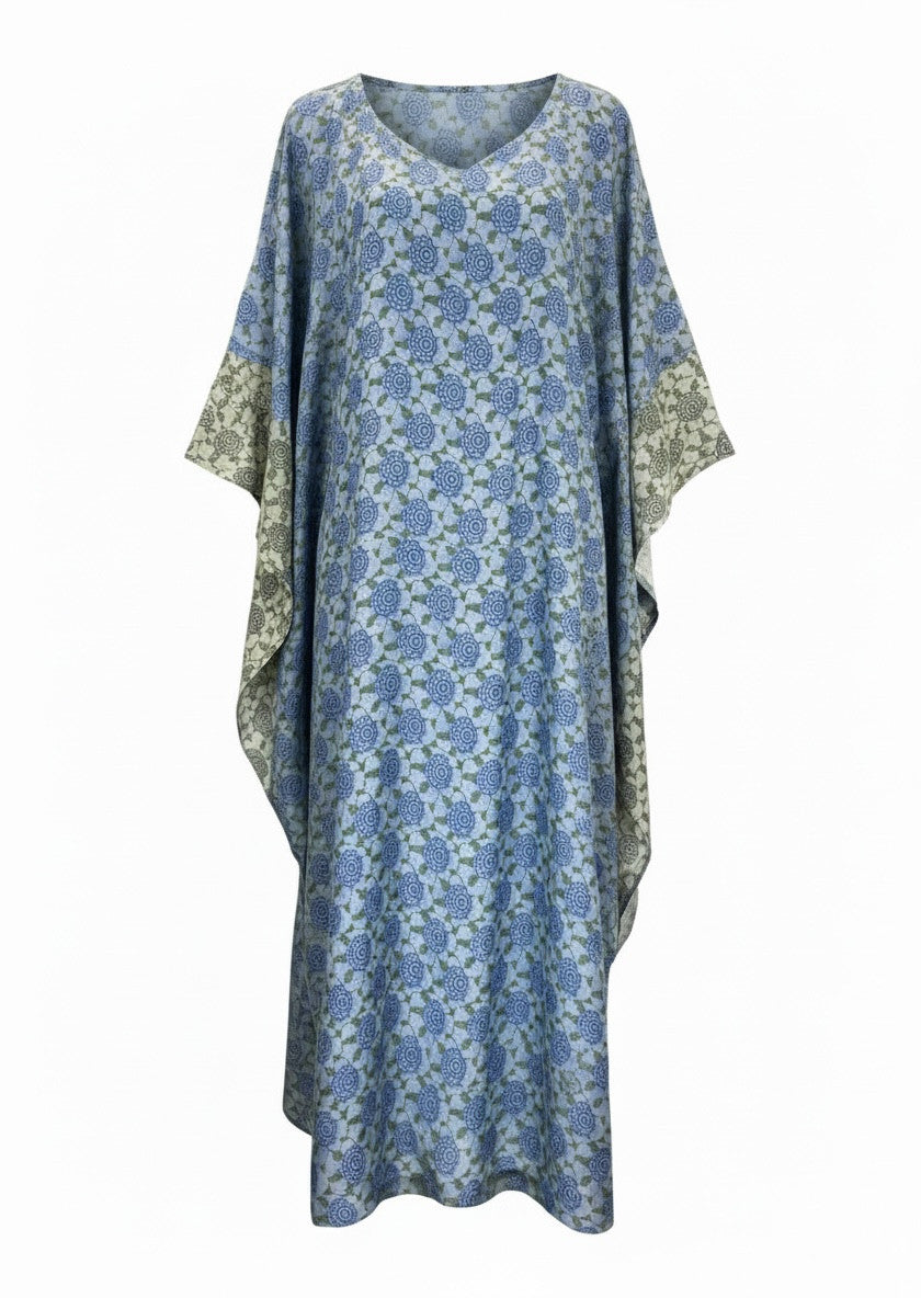 By Walid Blue & Green Silk Kaftan Dress – Rare Artisan Bohemian Luxury – 100% Silk